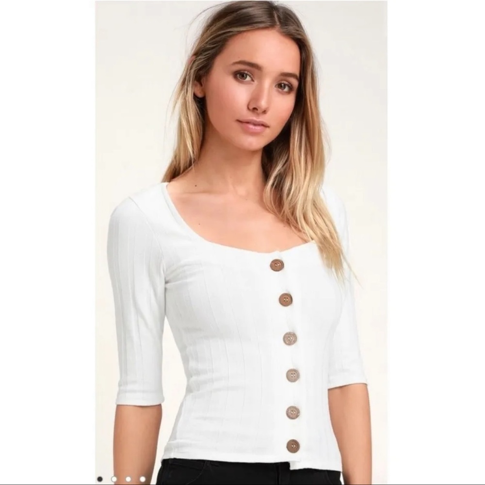 White Ribbed Button-Front Scoop Neck Sweater